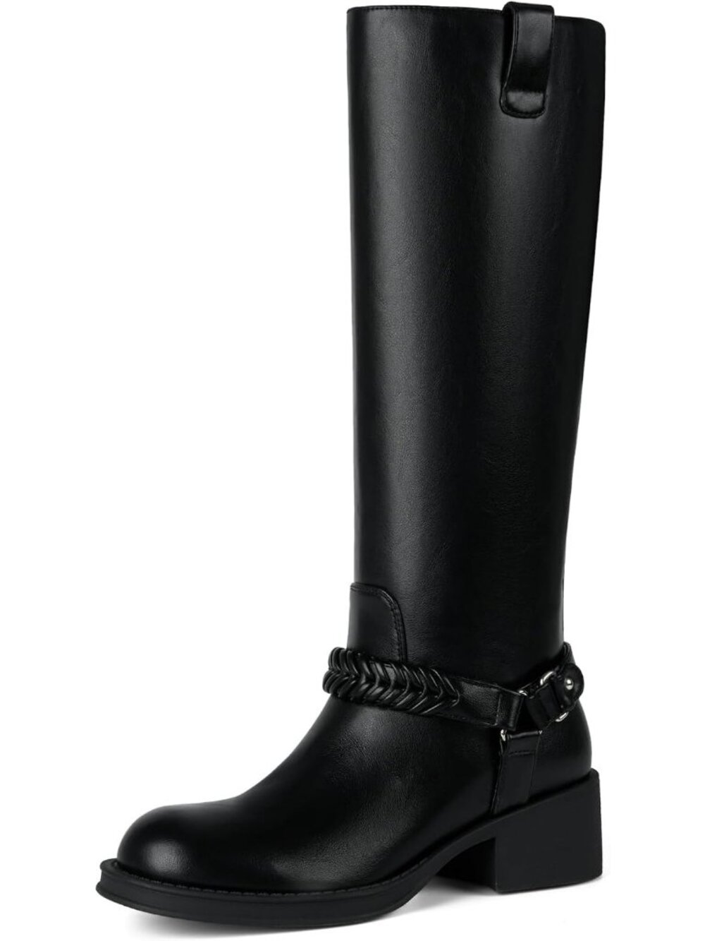 Women's Black Comfortable Chunky Block Braided Strap Low Heel Knee High Boots